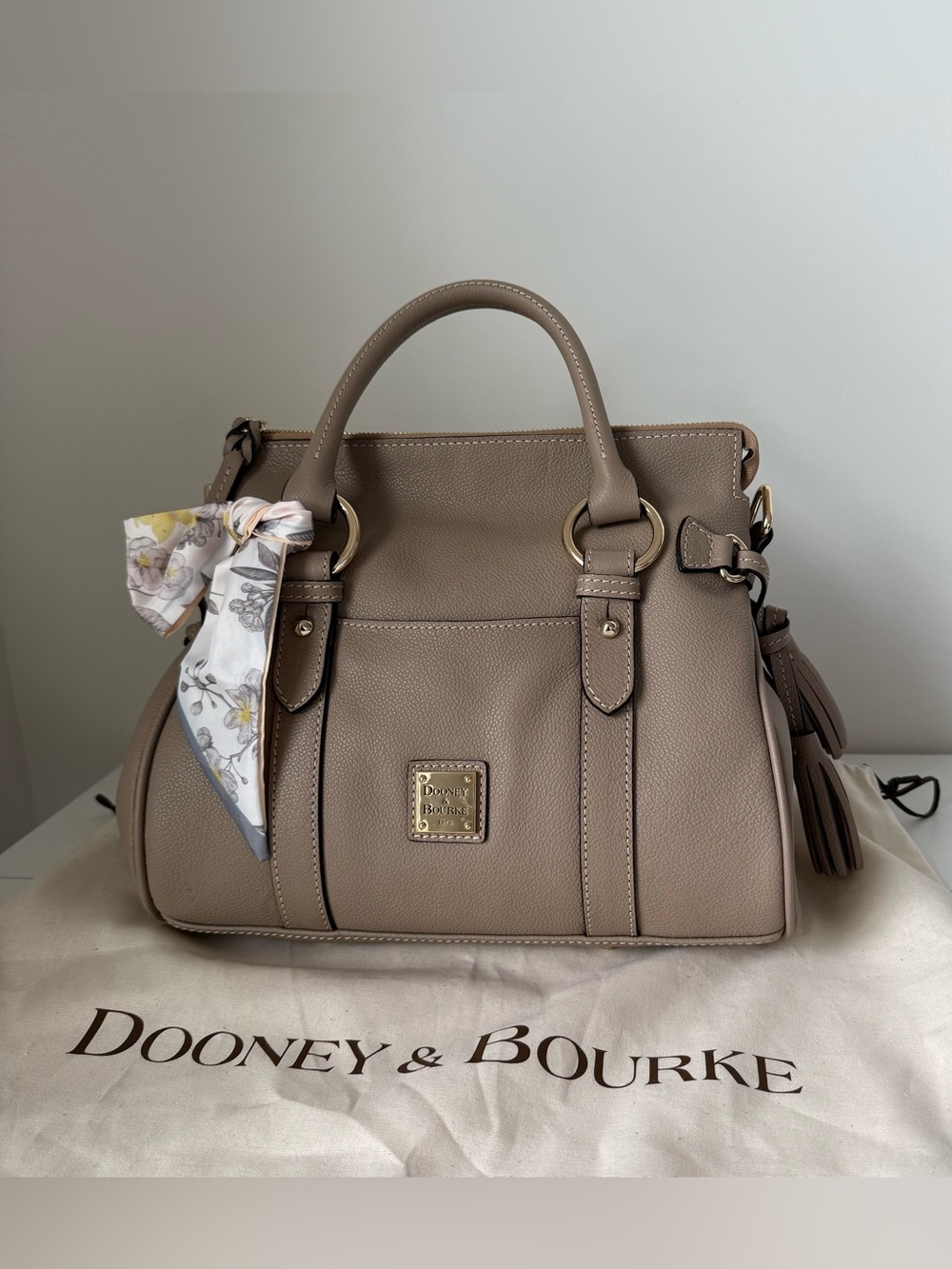 Dooney & Bourke Sorrento 30
Leather Satchel Taupe with Floral Scarf
